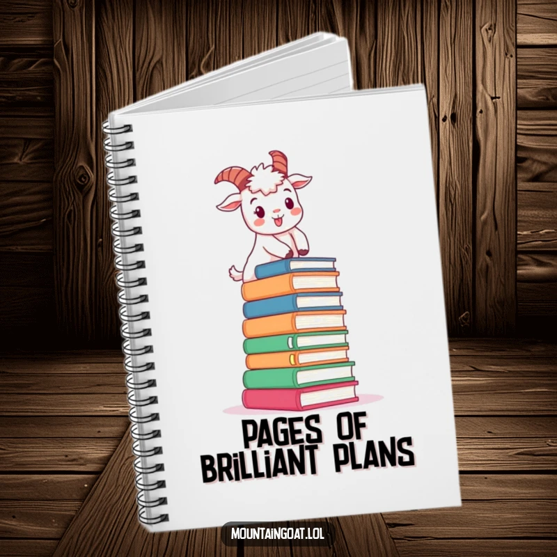 Funny determined mountain goat character notebook, cheerfully climbing oversized books, inspiring focused note-taking.