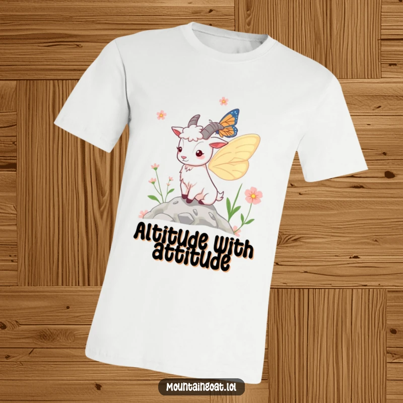 Funny T-Shirt: A fantastical mountain goat adorned with colorful butterfly wings, fluttering gracefully above delicate mountain wildflowers, emphasizing playful fantasy.