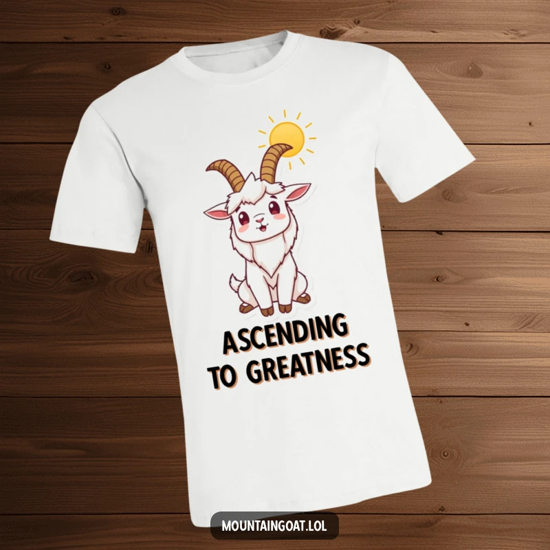 Funny t-shirt showcasing a mountain goat character stretching its horns upwards towards the sun, looking incredibly happy and motivated.