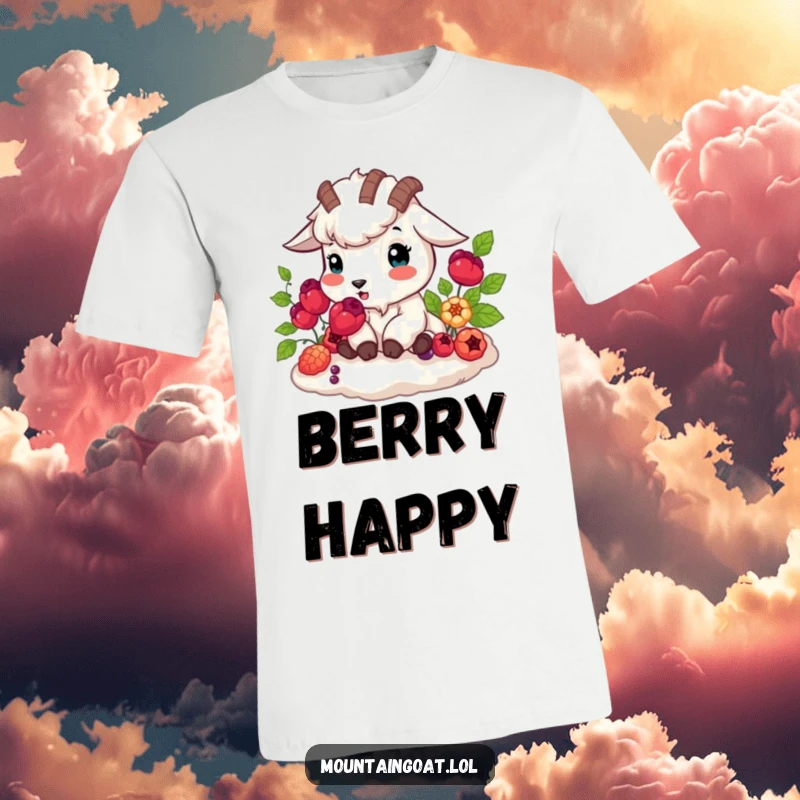 Funny mountain goat happily munching vibrant berries, outdoor adventure theme, humorous graphic tee, excellent funny gift.