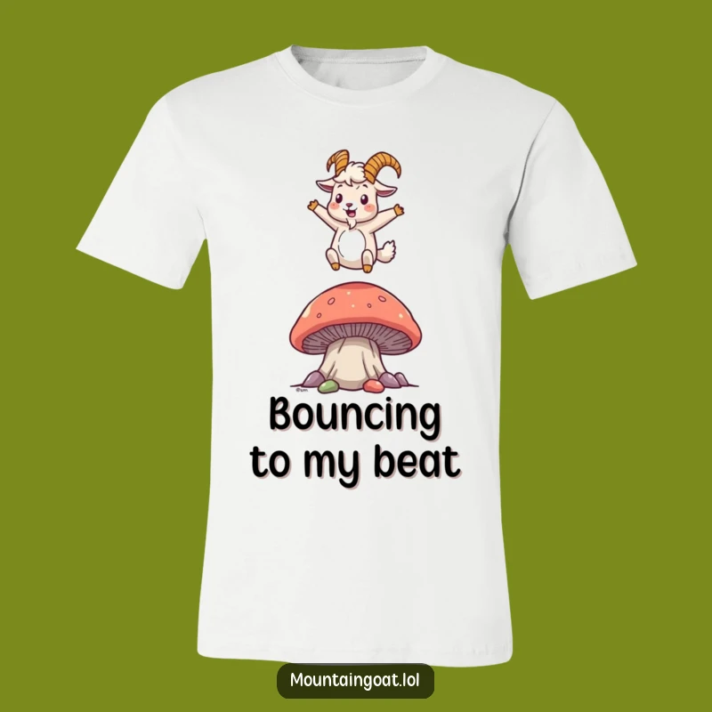 Funny Mountain Goat Mushroom Bouncing T-Shirt - Comical Apparel for Playful Souls