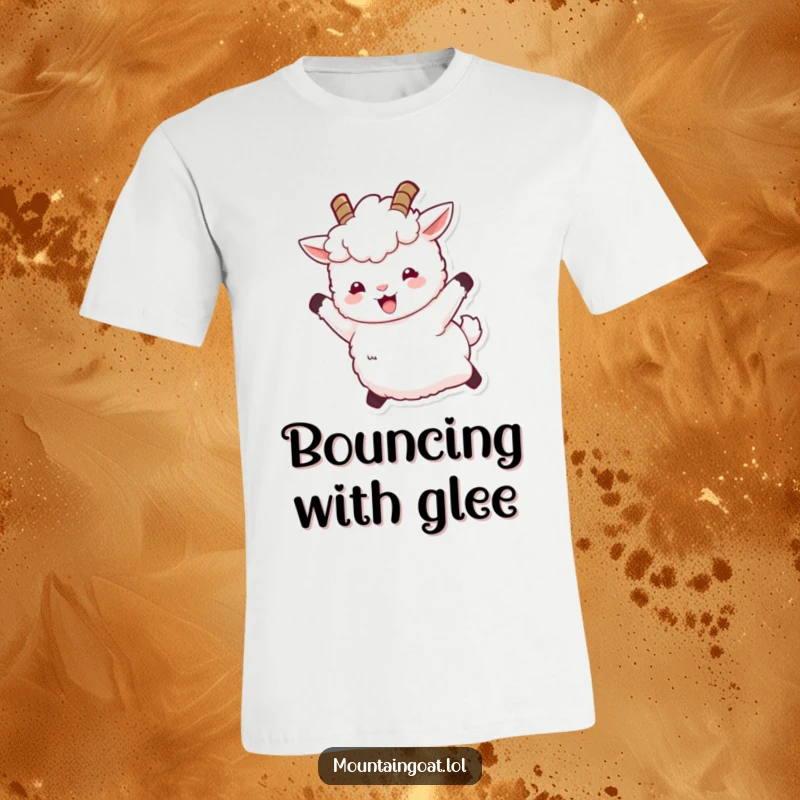 Funny t-shirt showcasing a fluffy white mountain goat with tiny horns leaping joyfully, symbolizing boundless energy and cheerful excitement.