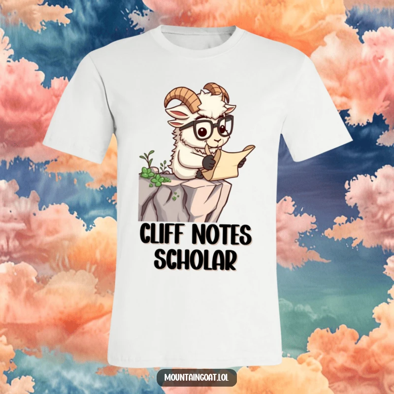 Funny t-shirt of a mountain goat wearing spectacles, sitting on a cliff and reading a scroll, conveying studious humor.