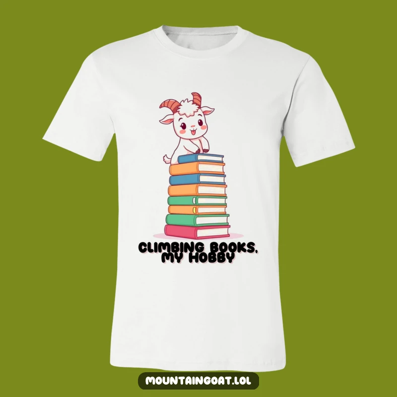 Funny Book Climbing Goat T-Shirt: Determined Goat's Cheerful Ascent
