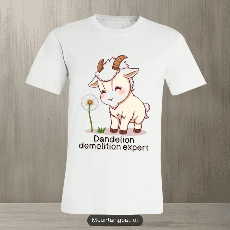 Funny Goat Dandelion T-Shirt: A kawaii goat playfully headbutts a dandelion, creating a scene of pure, silly delight.