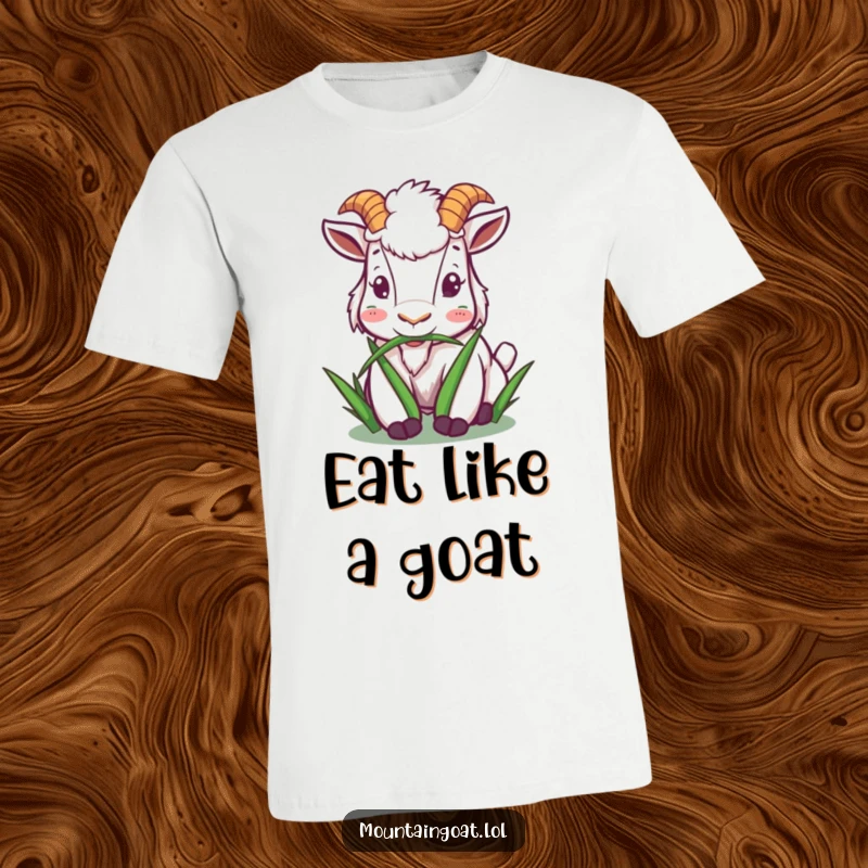 Funny mountain goat t-shirt depicting a character happily munching on grass, embodying peaceful enjoyment and natural delight.