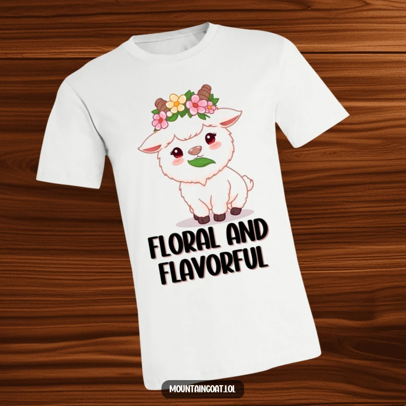Funny fluffy white mountain goat t-shirt with flower crown, happily munching on a high leaf, a symbol of joy and nature.