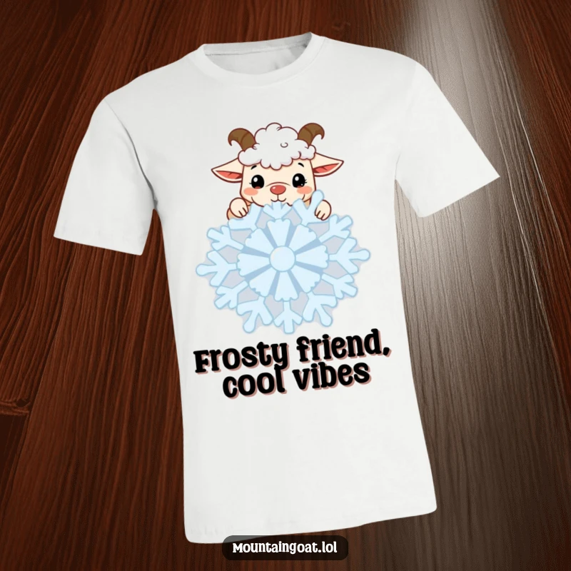 Funny Goat Snowflake T-Shirt: A kawaii mountain goat peeks curiously over a giant snowflake, embodying winter's playful side.