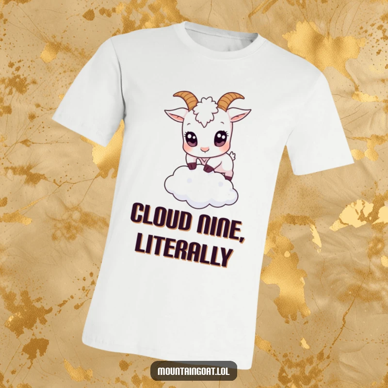 Funny small goat with comically large eyes jumping over a small cloud on a t-shirt, illustrating a lighthearted and imaginative moment.',
