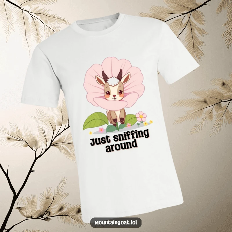 Funny curious mountain goat peeking from behind a giant blooming flower, printed on a soft cotton t-shirt. Adorable and amusing.