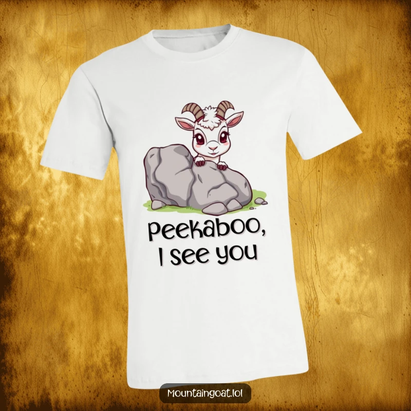 Funny Mountain Goat T-Shirt, peeking curiously from behind a jagged rock, showcasing a playful nature, ideal funny gift.