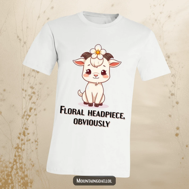 Funny Goat Flower Head T-Shirt, showcasing a cute mountain goat with a flower balanced precariously on its head, radiating pure amusement.