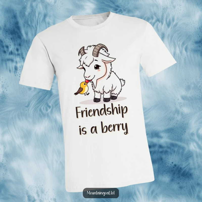 Funny T-Shirt: A mountain goat generously shares a berry with a small, bewildered bird, a scene of gentle kindness.