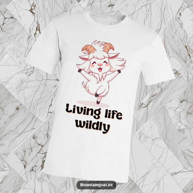 Funny mountain goat t-shirt depicting a character spinning joyfully with windblown fur, embodying wild freedom and happiness.