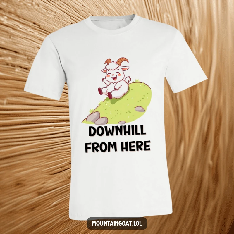 Funny joyous mountain goat t-shirt, playfully sliding down a gentle grassy slope, a symbol of freedom and pure joy.