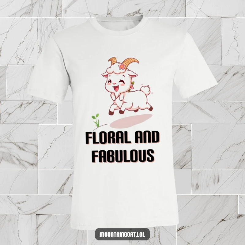 Funny Joyous Goat T-Shirt: A happy mountain goat with blooming flowers in its fur skipping energetically uphill.