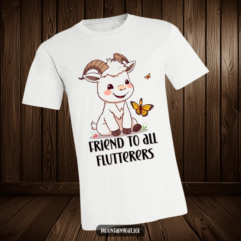 Silly smiling kawaii mountain goat playing with a delicate butterfly, a heartwarming and funny design for a t-shirt.