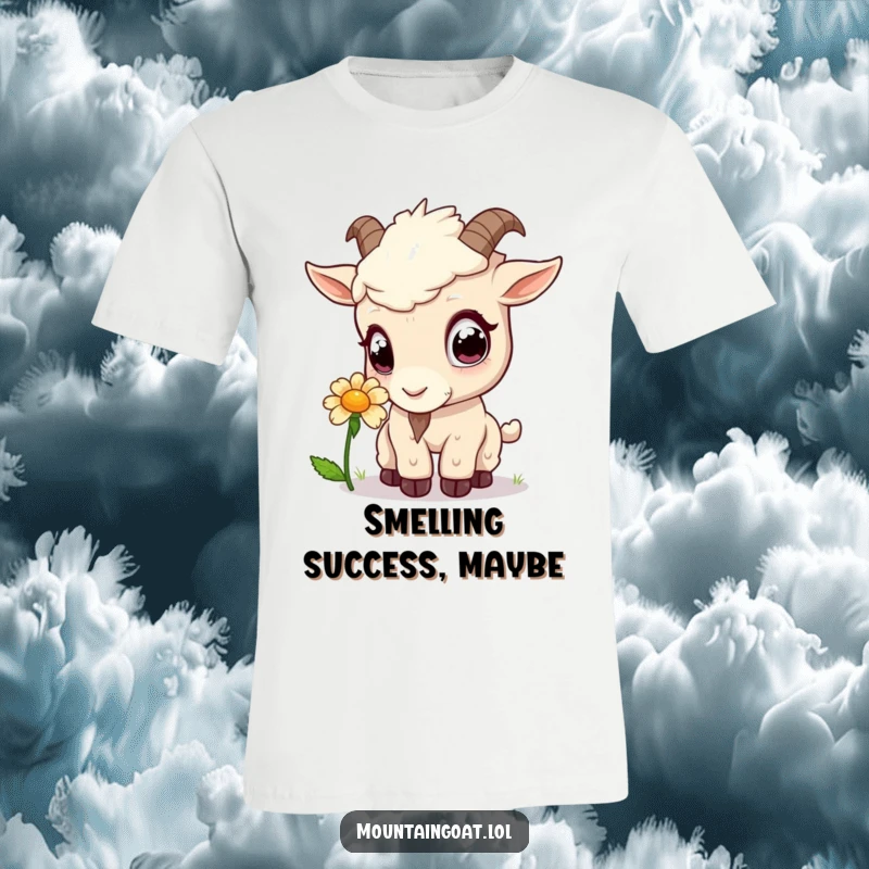 Funny kawaii mountain goat with wide eyes intently sniffing a small, vibrant flower, printed on a soft t-shirt.