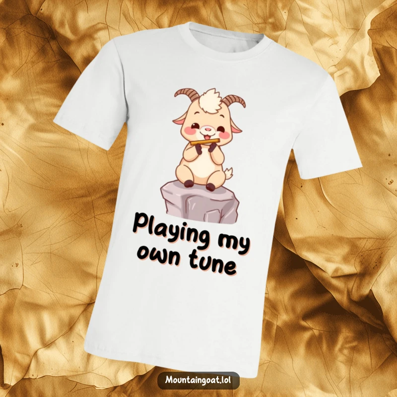 Funny kawaii mountain goat joyfully playing a small flute on a mountain ledge, printed on a comfortable t-shirt.