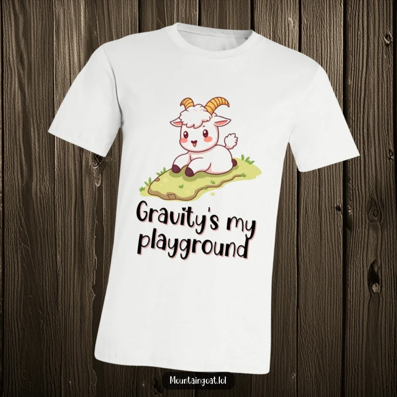 Playful kawaii mountain goat joyfully sliding down a green grassy slope, embodying freedom and fun on a t-shirt.
