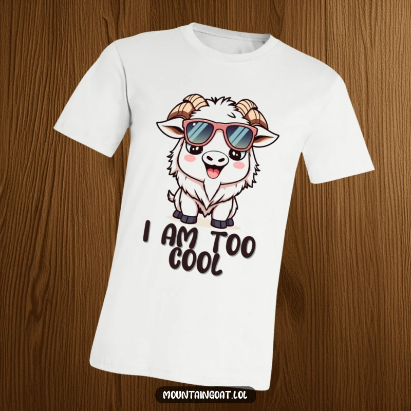 Funny Kawaii mountain goat t-shirt showcasing a smiling goat sporting large sunglasses, embodying coolness and cuteness.