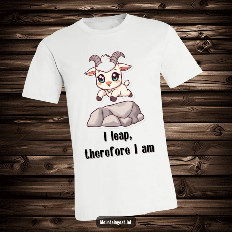 Funny kawaii mountain goat t-shirt with big eyes, confidently leaping across a small gap, embodying courage and charm.
