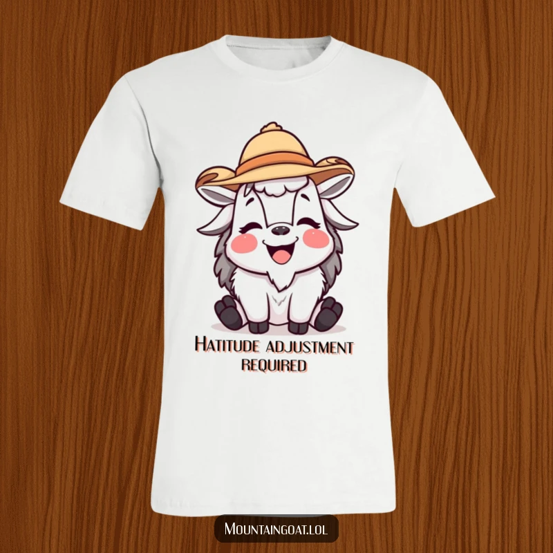 Funny mountain goat t-shirt showcasing a joyful, laughing goat character sporting a tiny, fashionable jaunty hat, perfect for casual wear.