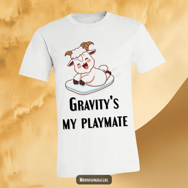 Funny T-Shirt: A joyful mountain goat slides on its belly down a snowy slope, a comical depiction of winter fun.