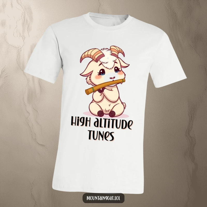 Funny Mountain Goat Flute T-Shirt: A clumsy but cute goat tries to play a miniature flute, showcasing humorous musical effort.