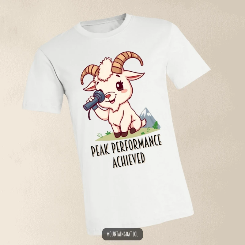 Funny mountain goat t-shirt displays a happy goat character using a spyglass to scan the horizon for distant mountain peaks.