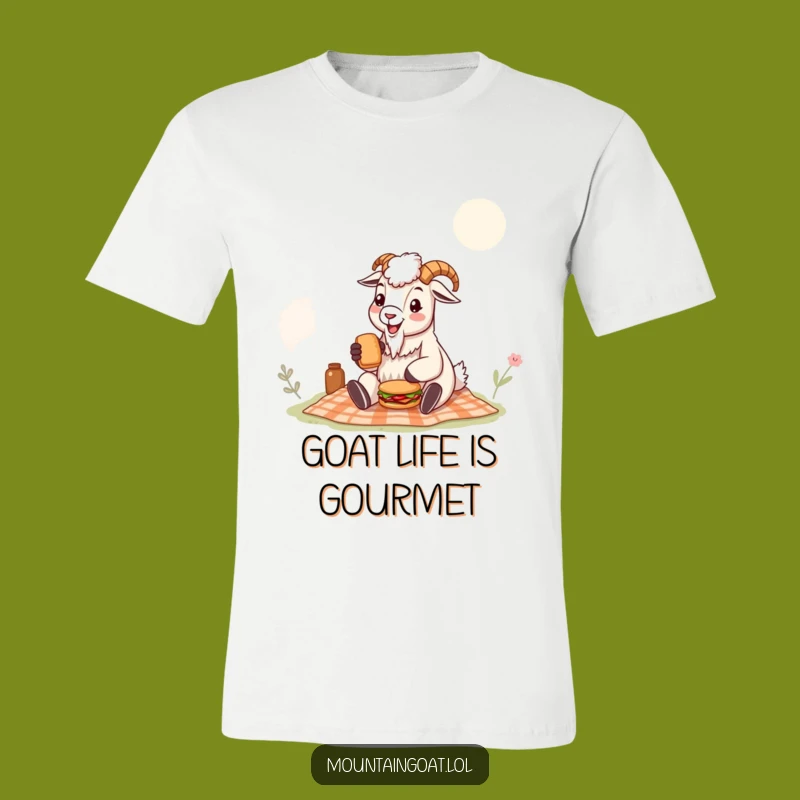 Funny Mountain Goat T-Shirt: Happy Goat with Tiny Sandwich, Hilarious Outdoor Adventure Tee