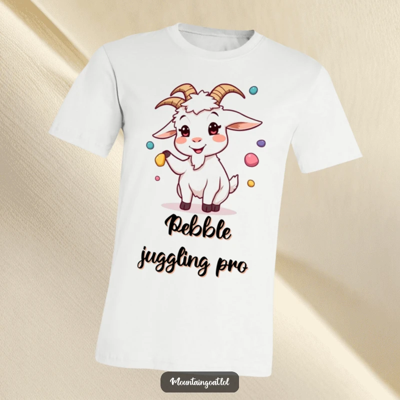 Funny t-shirt depicting a goat with a silly face juggling colorful pebbles, a humorous and vibrant design for goat lovers.