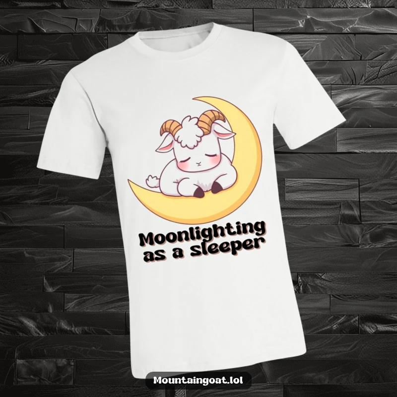 Funny t-shirt displaying a mountain goat napping peacefully on a crescent moon, capturing a hilarious and tranquil moment.