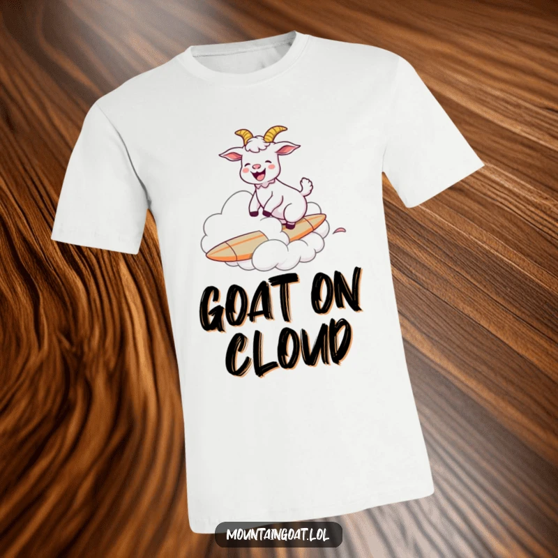 Funny goat joyfully riding a cloud as if it were a surfboard, embodying a sense of playful adventure and humor on this tee.