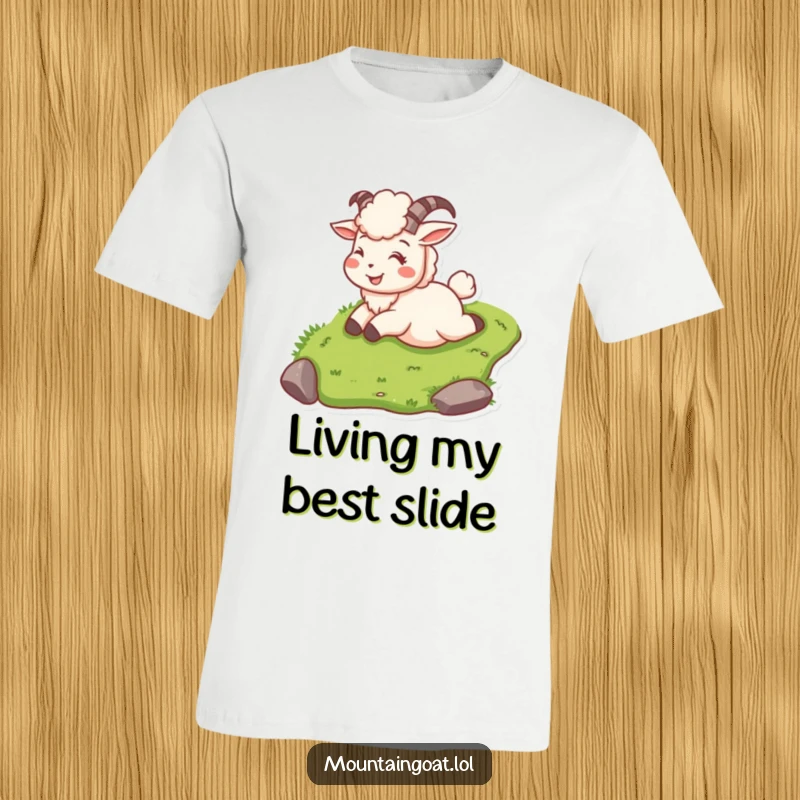 Funny mountain goat on a t-shirt, sliding down a grassy slope with a joyful smile and freedom.