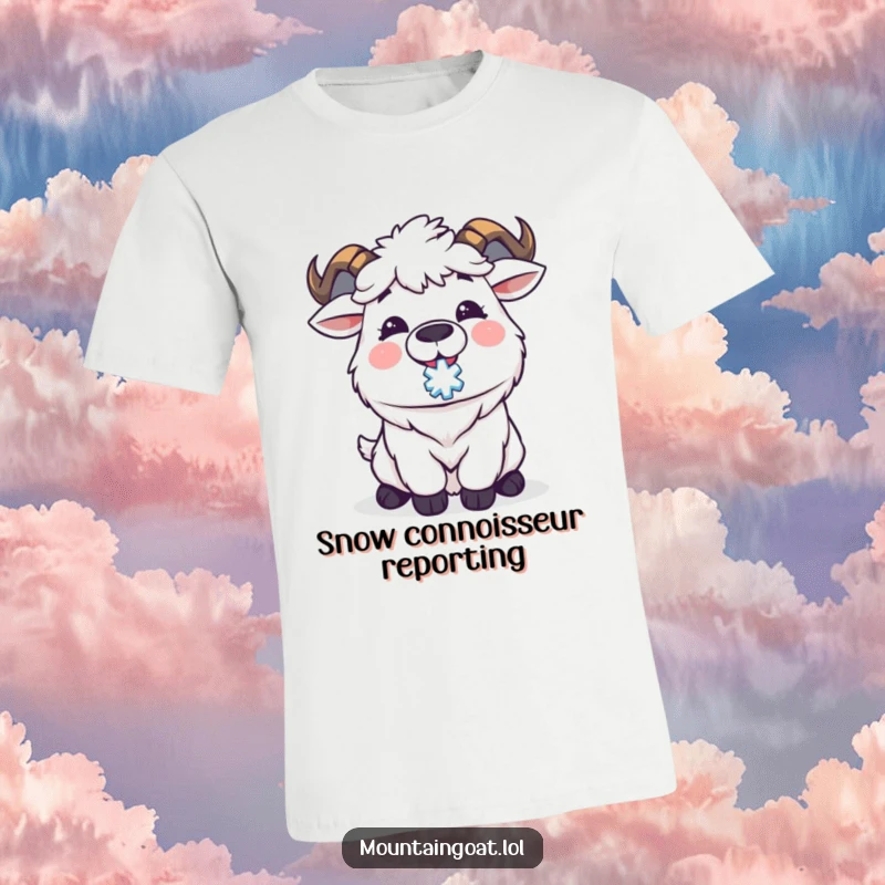 Funny Kawaii mountain goat with tongue out, catching a delicate snowflake, looking delighted. A humorous and adorable t-shirt design.