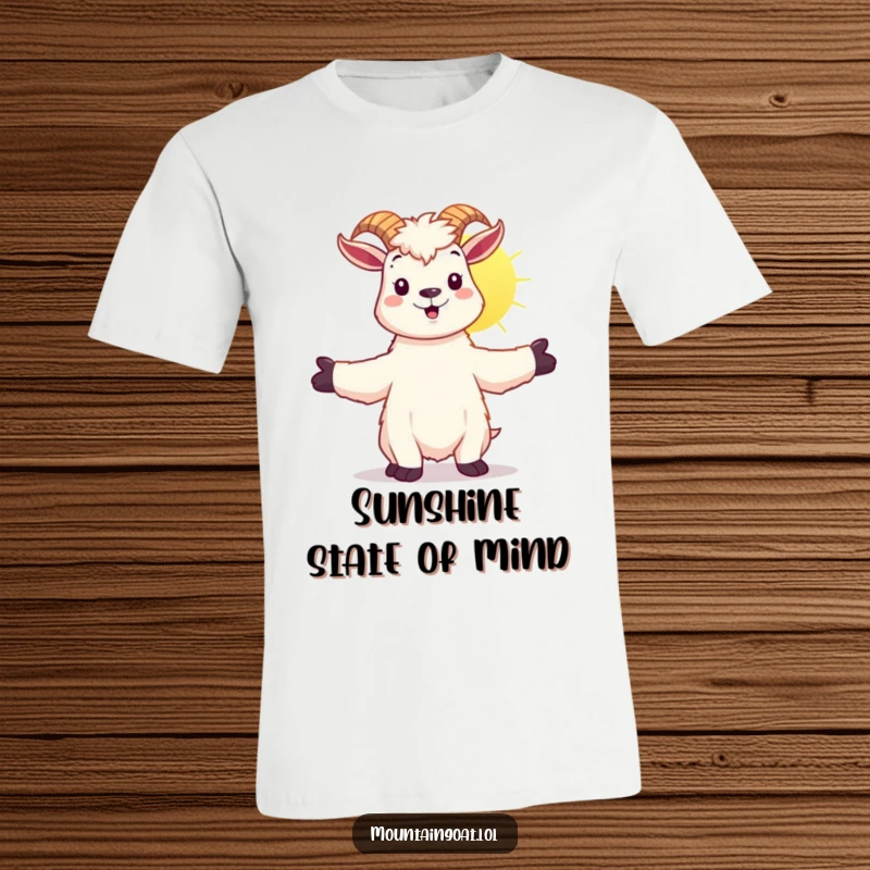 Funny kawaii mountain goat with arms outstretched, embracing the sunshine, printed on a soft t-shirt.