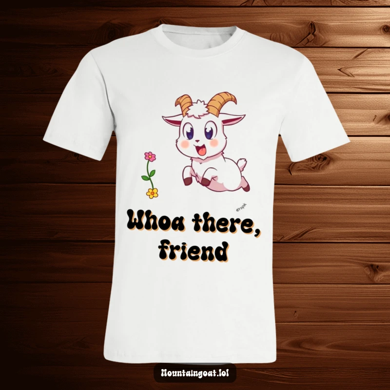 Funny goat leap t-shirt, a wide-eyed mountain goat jumping backward, dropping a single flower in a moment of startled surprise.