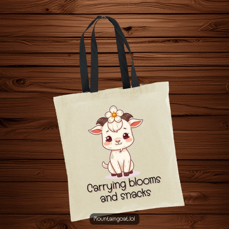 Funny Goat Flower Head Tote Bag, featuring a playful mountain goat with a flower balanced on its head, ready for market trips.