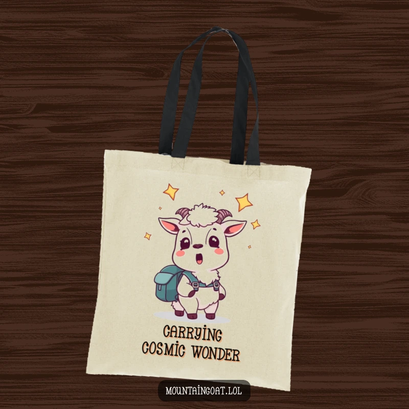 Funny tote bag featuring a startled mountain goat with a backpack, looking up at the starry night sky, a humorous travel accessory.