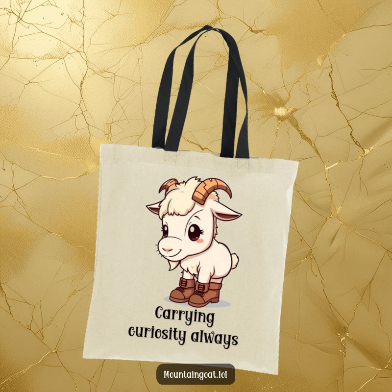 Kawaii mountain goat on a tote bag, wearing tiny hiking boots, looking curious, perfect for shopping.