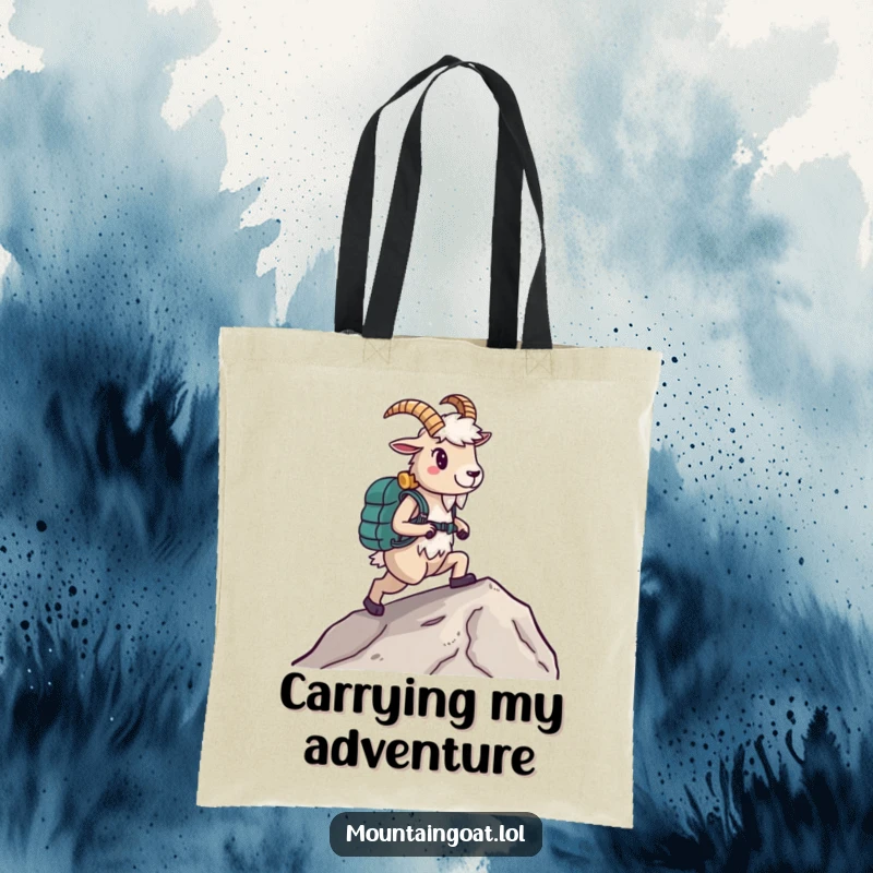 Funny Hiking Goat Tote Bag, wearing boots and walking a slope, symbolizing confidence and carrying capacity, perfect funny gift.