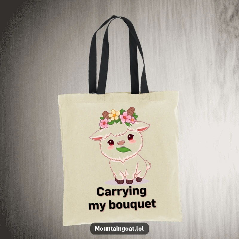 Funny fluffy white mountain goat tote bag with flower crown, happily munching on a high leaf, a charming and practical accessory.