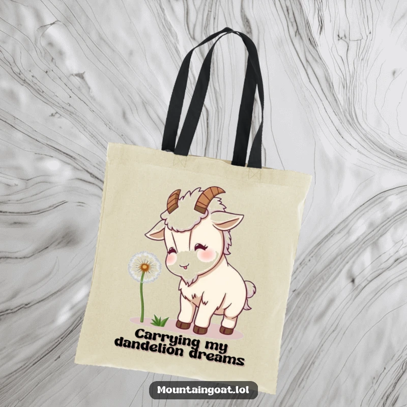 Funny Goat Dandelion Tote Bag: A kawaii goat playfully interacts with a fluffy dandelion, perfect for carrying essentials with a smile.