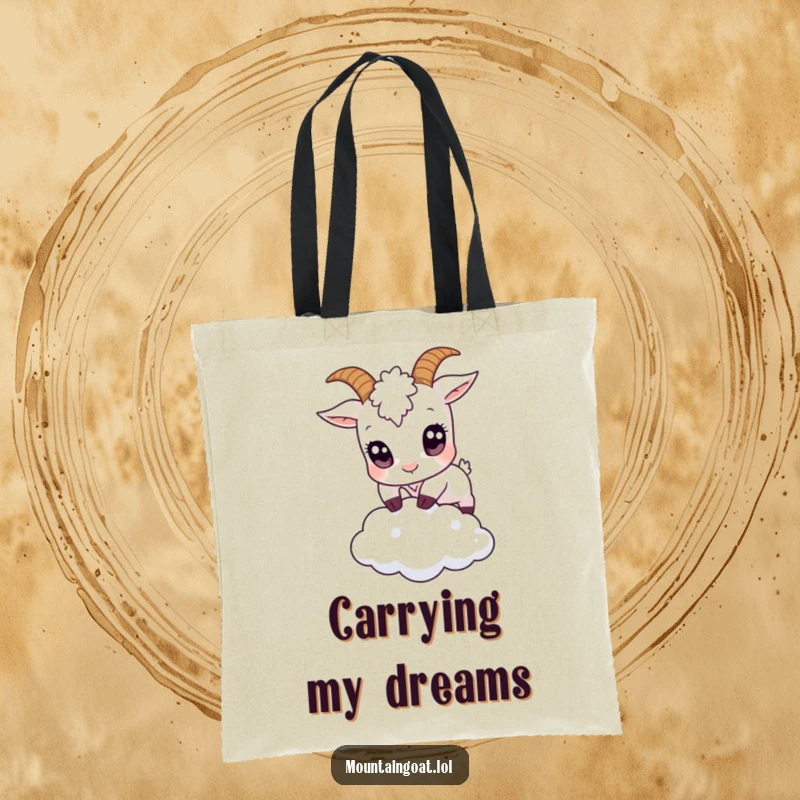 Funny small goat with large eyes jumping over a tiny cloud on a tote bag, perfect for carrying essentials with whimsical flair.',