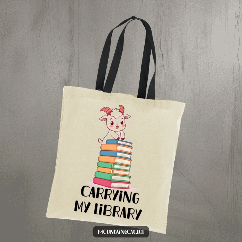 Funny determined mountain goat character tote bag, cheerfully climbing a large stack of oversized books, perfect for carrying wisdom.