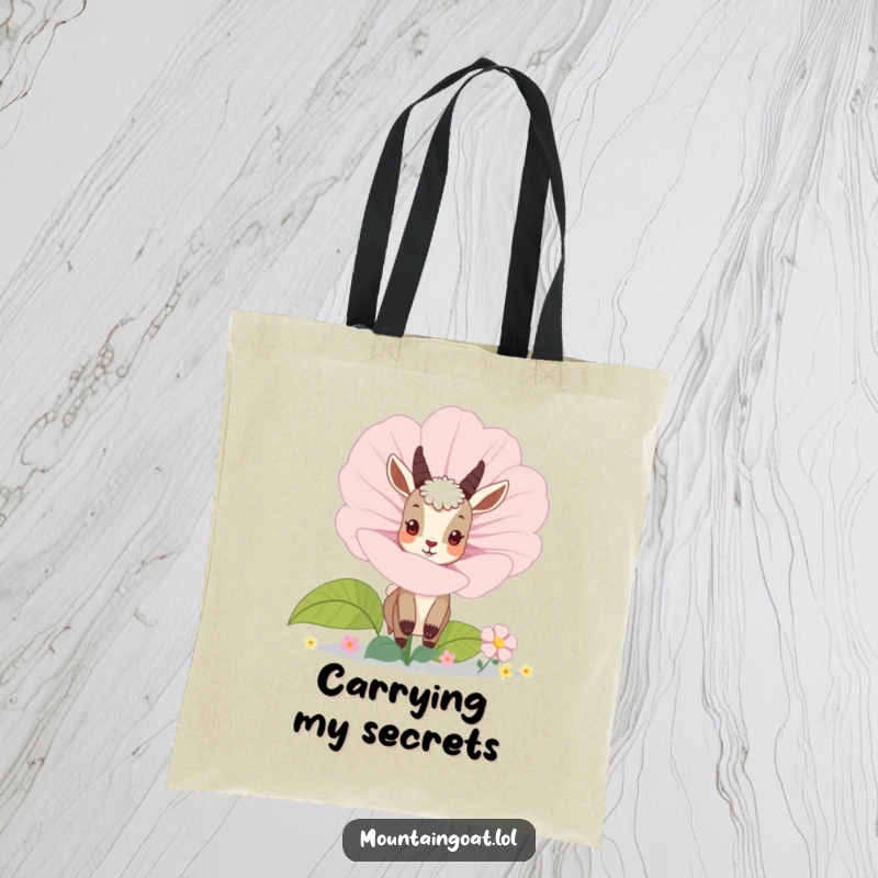 Funny curious mountain goat peeking out from behind a huge blooming flower, printed on a durable tote bag for stylish carrying.