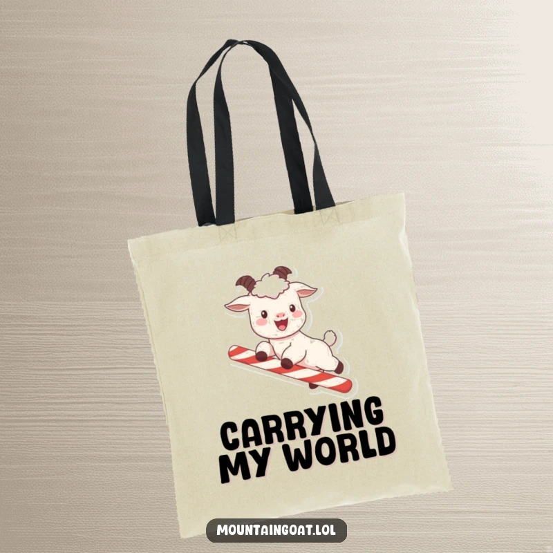 Funny kawaii mountain goat with rosy cheeks leaping over a candy cane, featured on a durable and humorous tote bag.