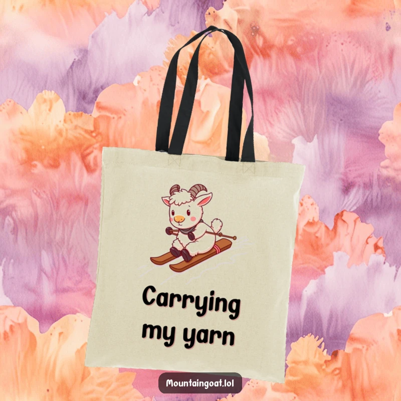 Funny playful mountain goat skiing down a ski slope made of yarn, printed on a durable tote bag.
