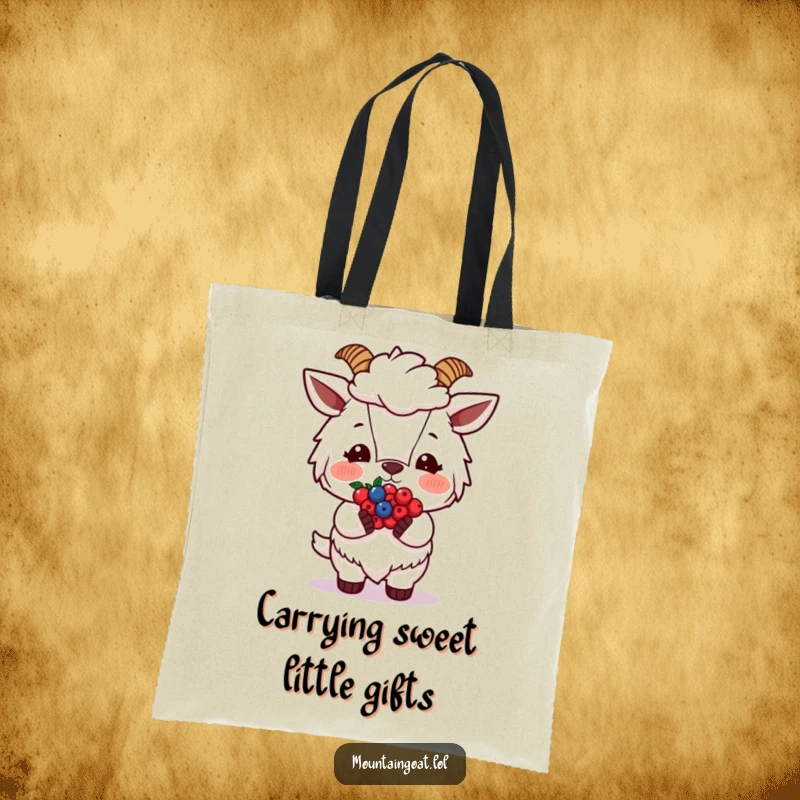 Funny Blushing Goat Berries Tote Bag, showing a shy goat offering berries, perfect for carrying groceries with a smile.